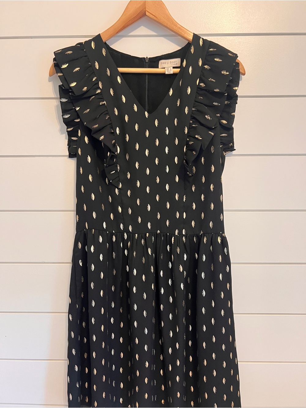 ShuShu Black Midi Dress with Gold Dot Ruffle Details